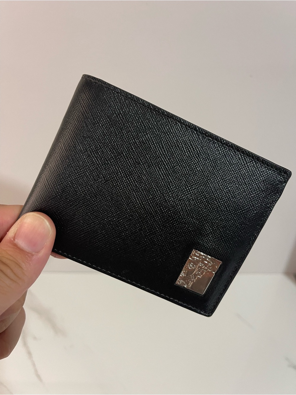 Versace Collection Black Leather Bi-Fold Wallet with Metal Medusa Plaque